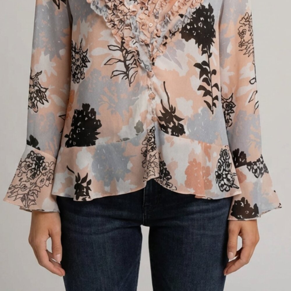 Floral Ruffle Blouse - Black, Gray, Pink - Picture 7 of 13